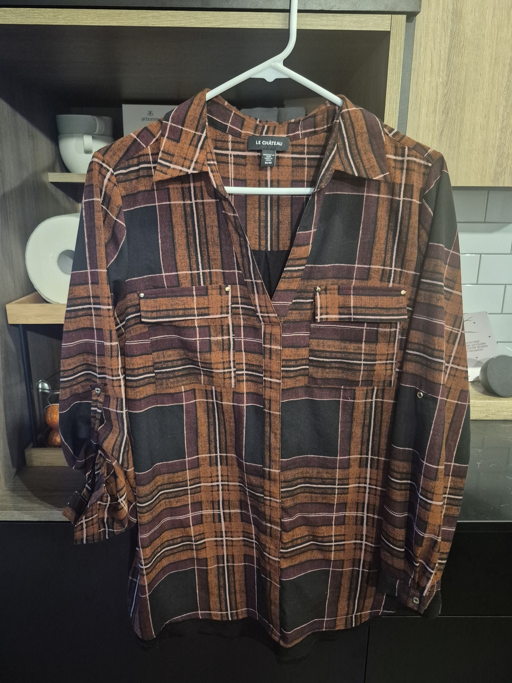 le chateau Brown and Black Plaid Button-Down Shirt
